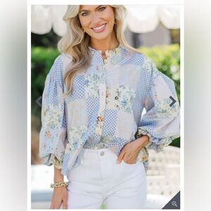 Take Your Turn Light Blue Mixed Print Blouse